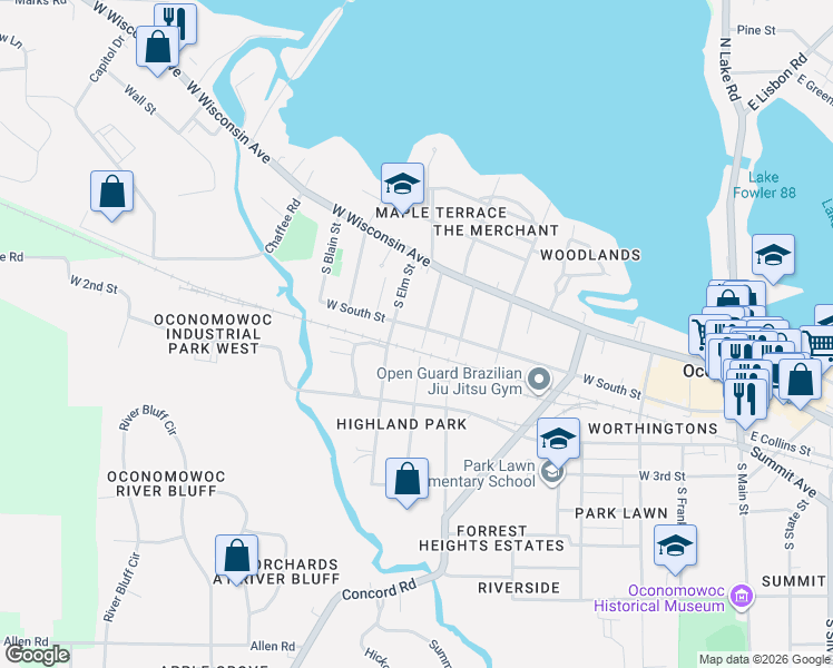map of restaurants, bars, coffee shops, grocery stores, and more near 716 West South Street in Oconomowoc