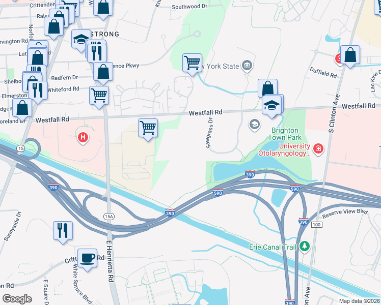 map of restaurants, bars, coffee shops, grocery stores, and more near 191 Sawgrass Drive in Brighton