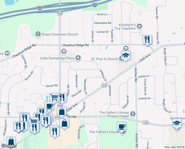 map of restaurants, bars, coffee shops, grocery stores, and more near 36 Sequoia Drive in Rochester
