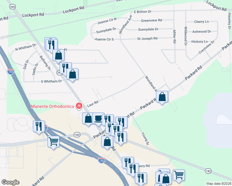 map of restaurants, bars, coffee shops, grocery stores, and more near 7020 Laur Road in Niagara Falls
