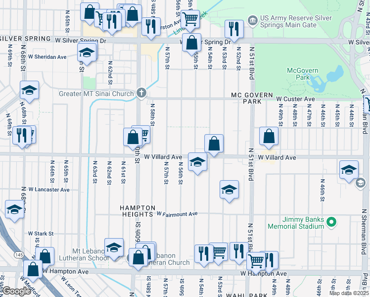 map of restaurants, bars, coffee shops, grocery stores, and more near 5245 North 56th Street in Milwaukee
