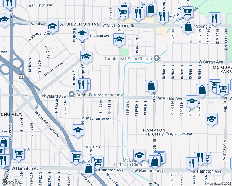 map of restaurants, bars, coffee shops, grocery stores, and more near 5235 North 64th Street in Milwaukee