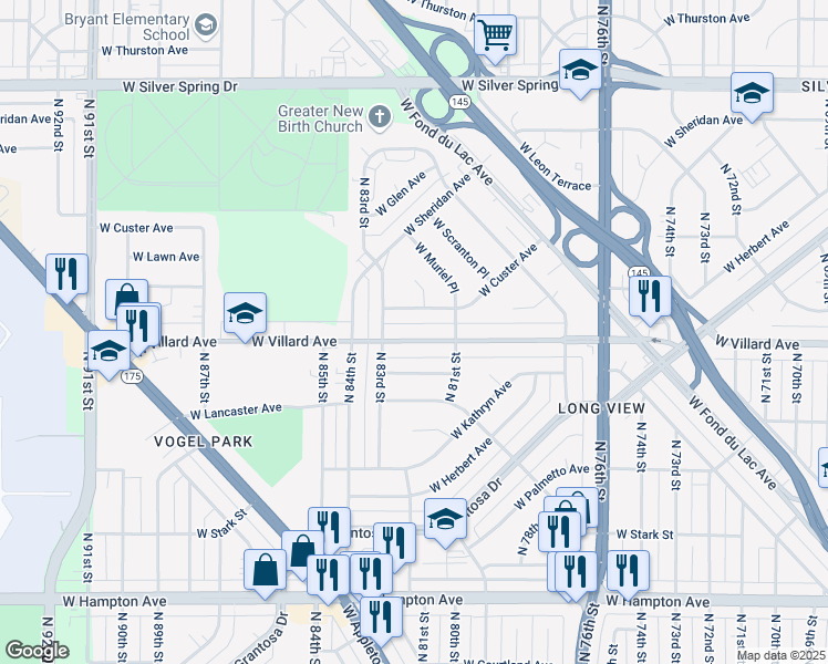 map of restaurants, bars, coffee shops, grocery stores, and more near 8231 West Custer Avenue in Milwaukee