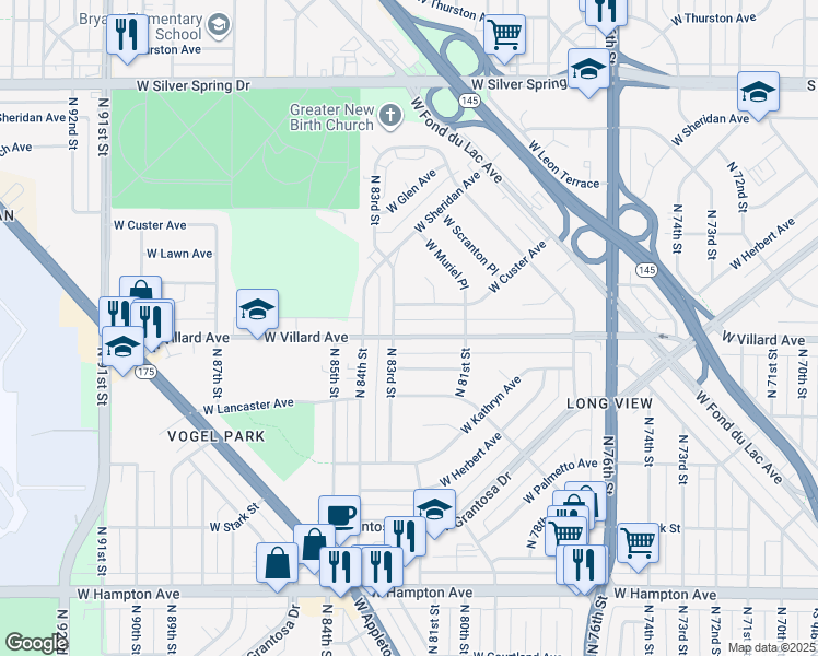 map of restaurants, bars, coffee shops, grocery stores, and more near 8231 West Custer Avenue in Milwaukee