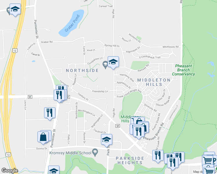 map of restaurants, bars, coffee shops, grocery stores, and more near 3405 Kasten Court in Middleton