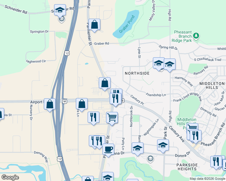 map of restaurants, bars, coffee shops, grocery stores, and more near 3415 Parmenter Street in Middleton