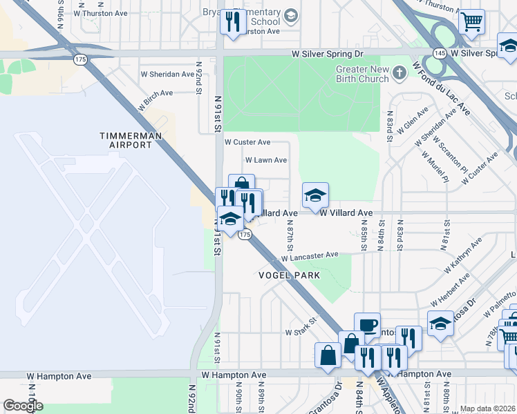 map of restaurants, bars, coffee shops, grocery stores, and more near 5228 North 88th Court in Milwaukee