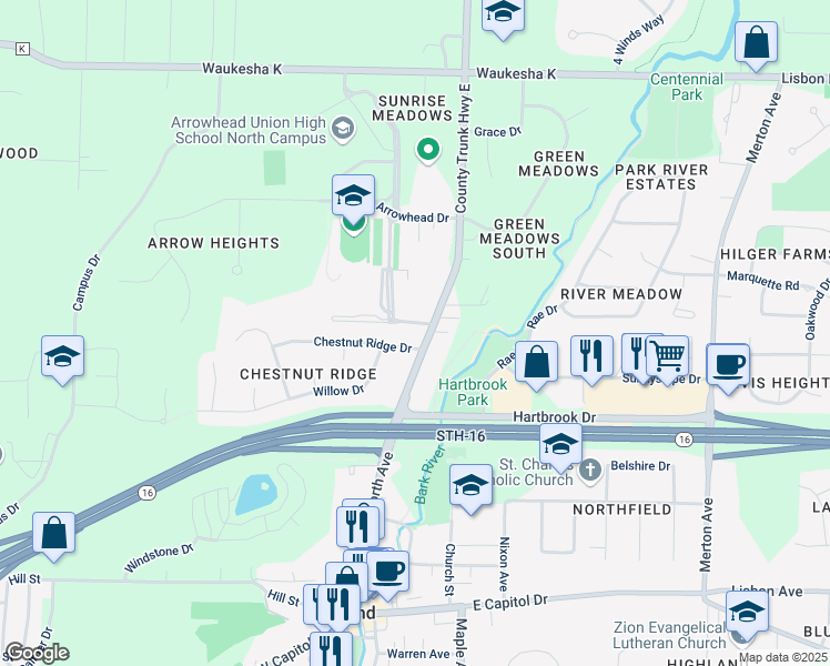 map of restaurants, bars, coffee shops, grocery stores, and more near 615 North Avenue in Hartland
