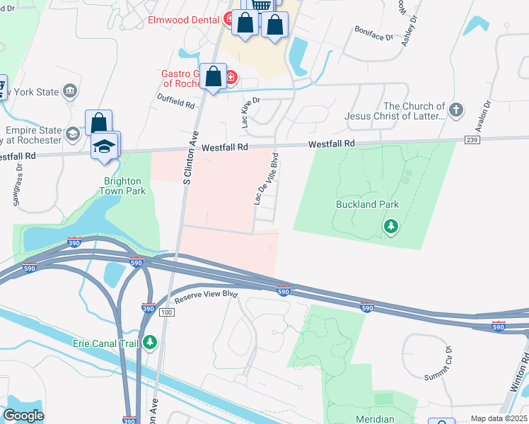 map of restaurants, bars, coffee shops, grocery stores, and more near 5 Via Rosina Court in Rochester