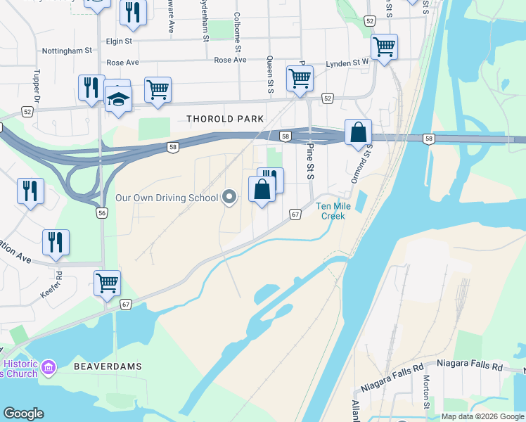 map of restaurants, bars, coffee shops, grocery stores, and more near 223 Queen Street South in Thorold