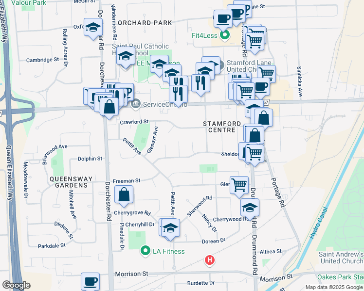 map of restaurants, bars, coffee shops, grocery stores, and more near 4208 Fernwood Crescent in Niagara Falls