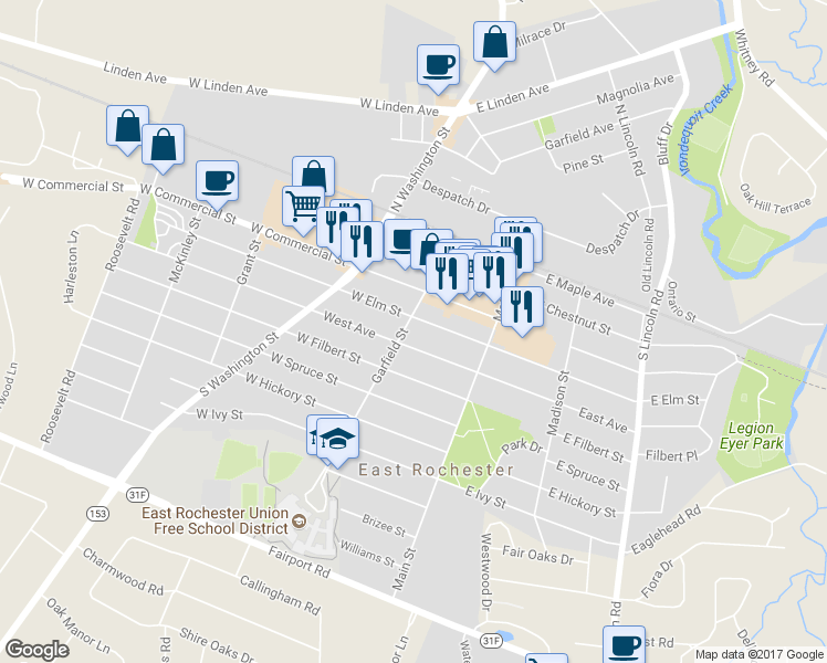 map of restaurants, bars, coffee shops, grocery stores, and more near 406 Garfield Street in East Rochester