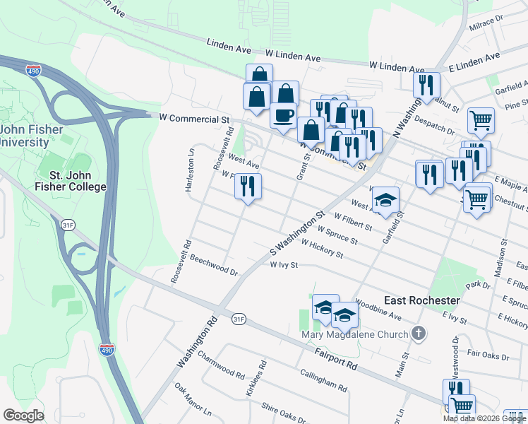 map of restaurants, bars, coffee shops, grocery stores, and more near 423 West Spruce Street in East Rochester