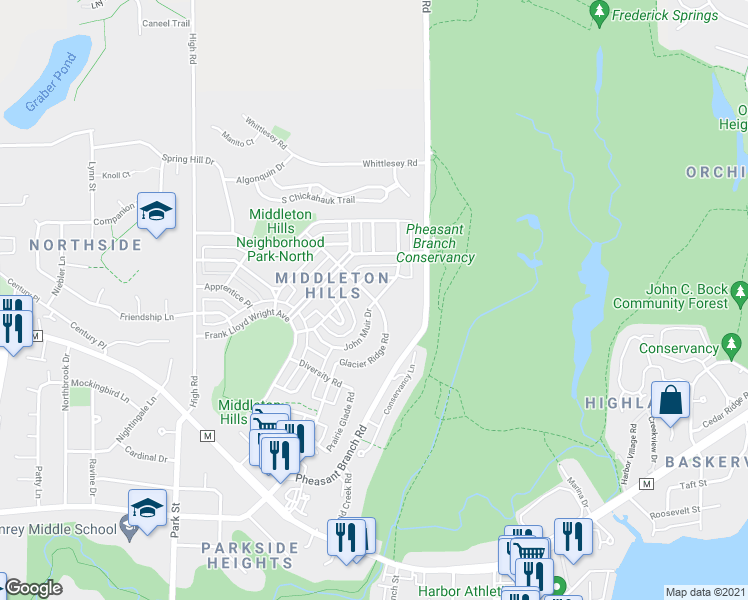 map of restaurants, bars, coffee shops, grocery stores, and more near 3535 John Muir Drive in Middleton
