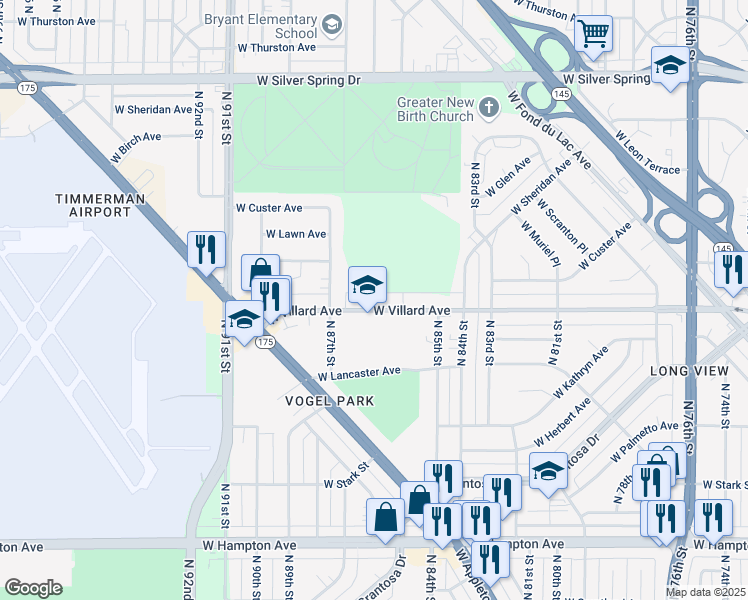 map of restaurants, bars, coffee shops, grocery stores, and more near 8564 West Villard Avenue in Milwaukee
