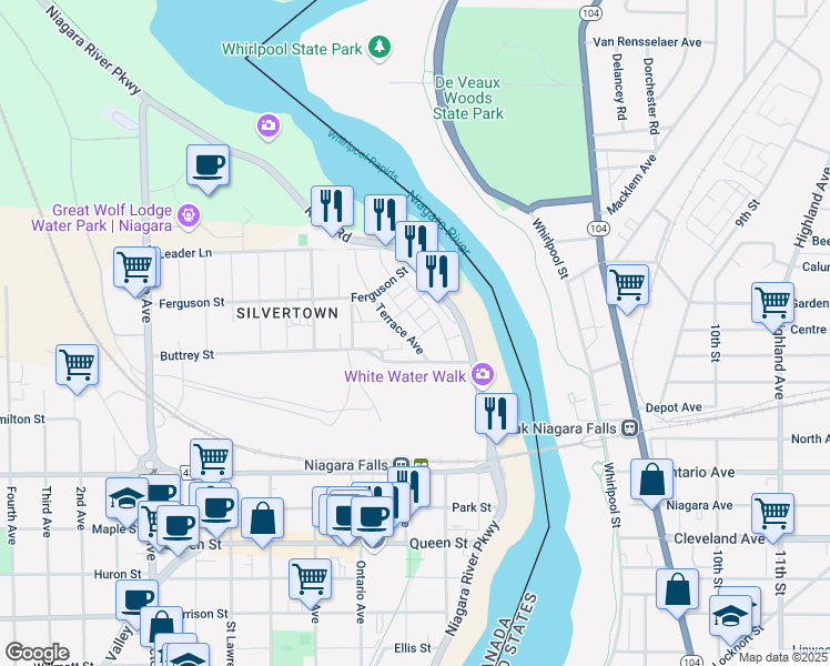 map of restaurants, bars, coffee shops, grocery stores, and more near 4208 Terrace Avenue in Niagara Falls