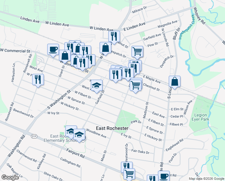 map of restaurants, bars, coffee shops, grocery stores, and more near 128 West Elm Street in East Rochester