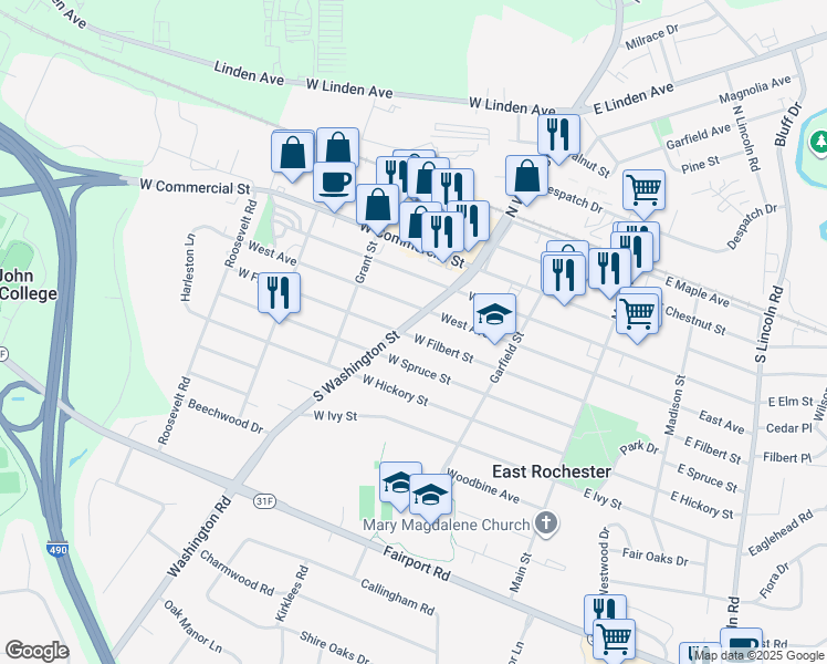 map of restaurants, bars, coffee shops, grocery stores, and more near 503 South Washington Street in East Rochester