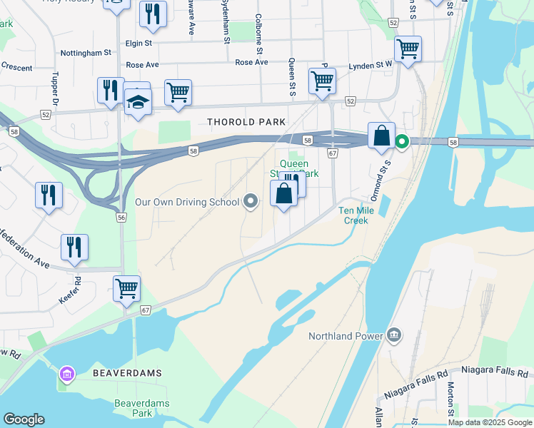 map of restaurants, bars, coffee shops, grocery stores, and more near in Thorold