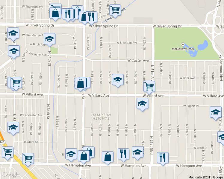 map of restaurants, bars, coffee shops, grocery stores, and more near 5245 North 56th Street in Milwaukee