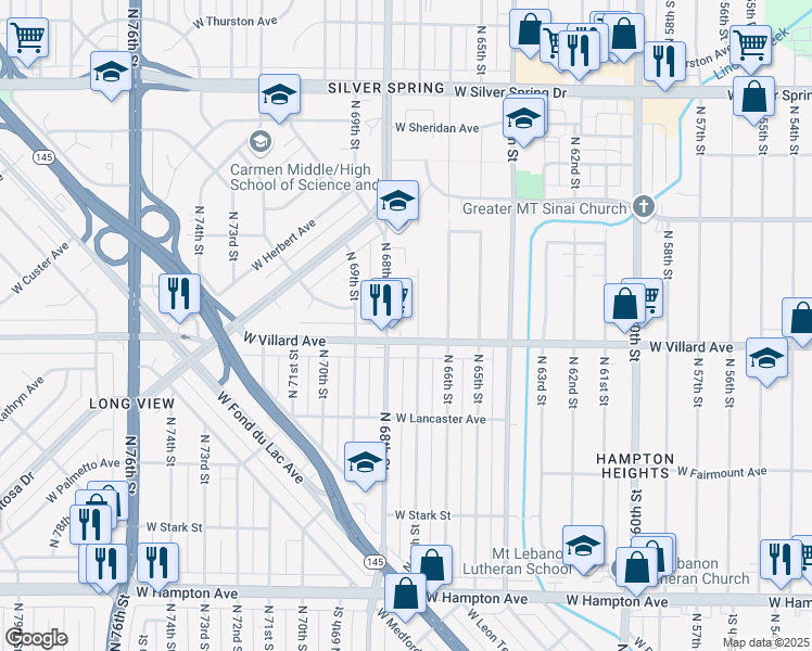 map of restaurants, bars, coffee shops, grocery stores, and more near 5226 North 68th Street in Milwaukee