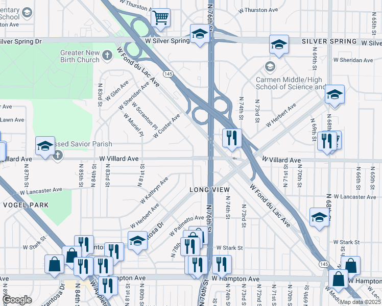 map of restaurants, bars, coffee shops, grocery stores, and more near 7733 West Medford Avenue in Milwaukee