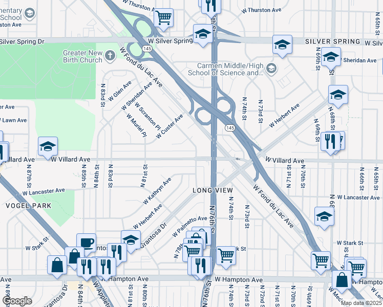 map of restaurants, bars, coffee shops, grocery stores, and more near 7733 West Medford Avenue in Milwaukee