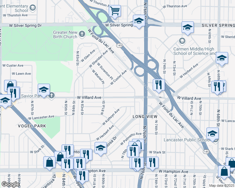 map of restaurants, bars, coffee shops, grocery stores, and more near 7849 West Caldwell Court in Milwaukee