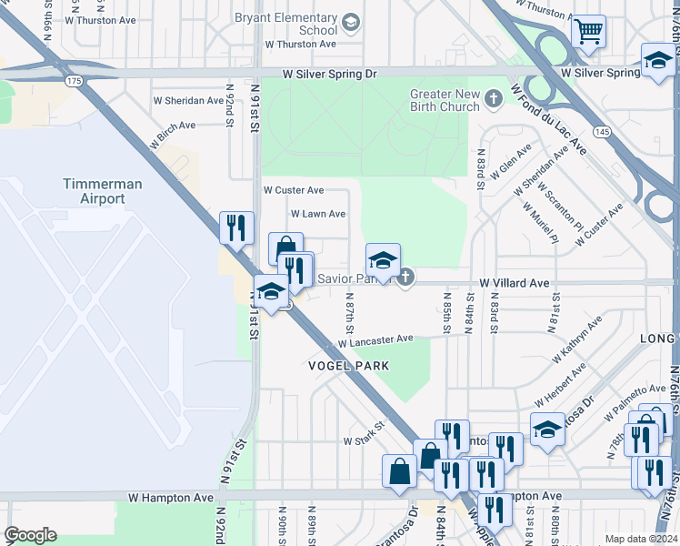 map of restaurants, bars, coffee shops, grocery stores, and more near 5230 North 87th Street in Milwaukee