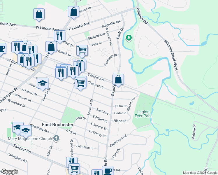 map of restaurants, bars, coffee shops, grocery stores, and more near 111 South Lincoln Road in East Rochester
