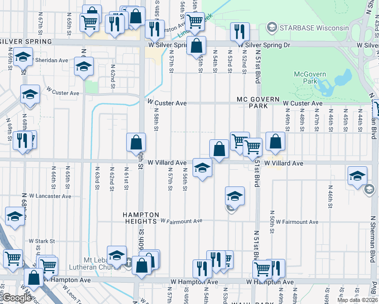map of restaurants, bars, coffee shops, grocery stores, and more near 5245 North 56th Street in Milwaukee