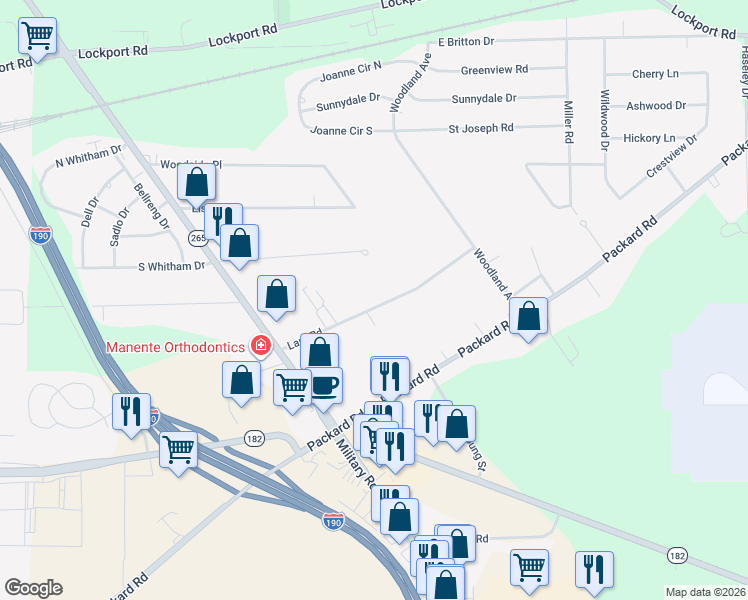 map of restaurants, bars, coffee shops, grocery stores, and more near 7020 Laur Road in Niagara Falls