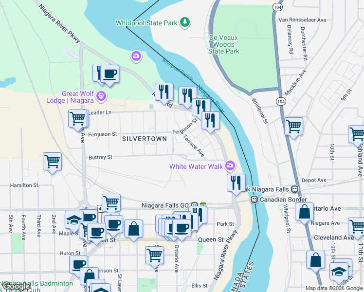 map of restaurants, bars, coffee shops, grocery stores, and more near 4340 Elgin Street in Niagara Falls