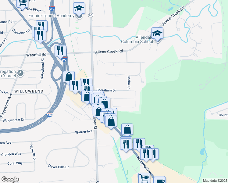 map of restaurants, bars, coffee shops, grocery stores, and more near 107 Shoreham Drive in Rochester