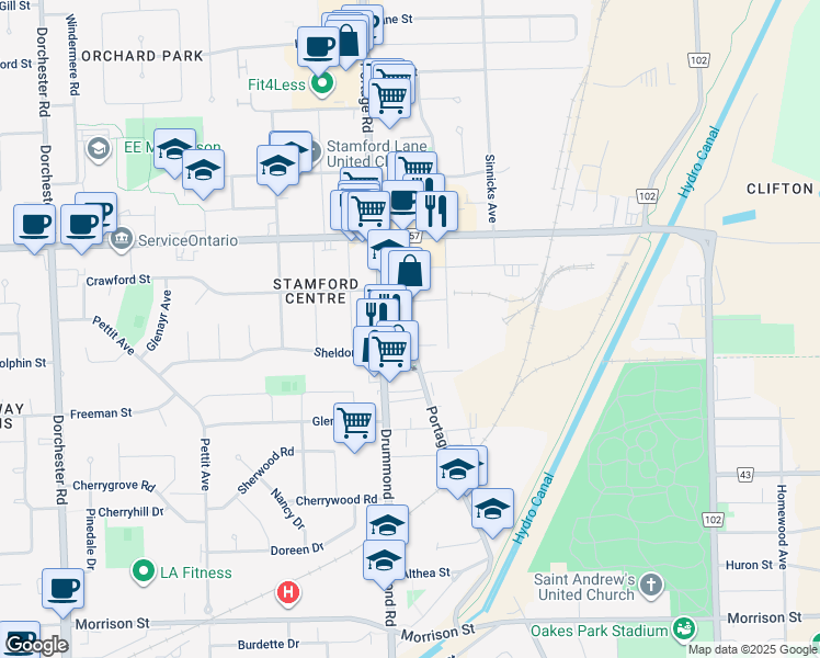 map of restaurants, bars, coffee shops, grocery stores, and more near 4208 Drummond Road in Niagara Falls