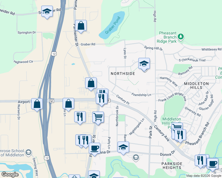 map of restaurants, bars, coffee shops, grocery stores, and more near 3402 Niebler Lane in Middleton