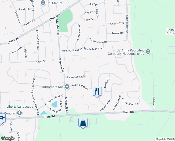 map of restaurants, bars, coffee shops, grocery stores, and more near 4 Heather Trail in Rochester