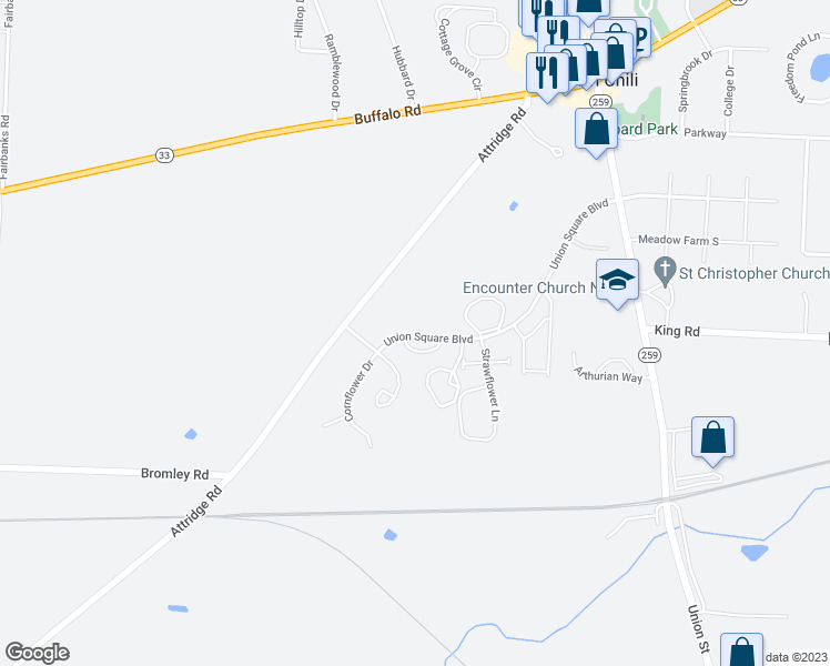 map of restaurants, bars, coffee shops, grocery stores, and more near 18 Union Square Boulevard in North Chili