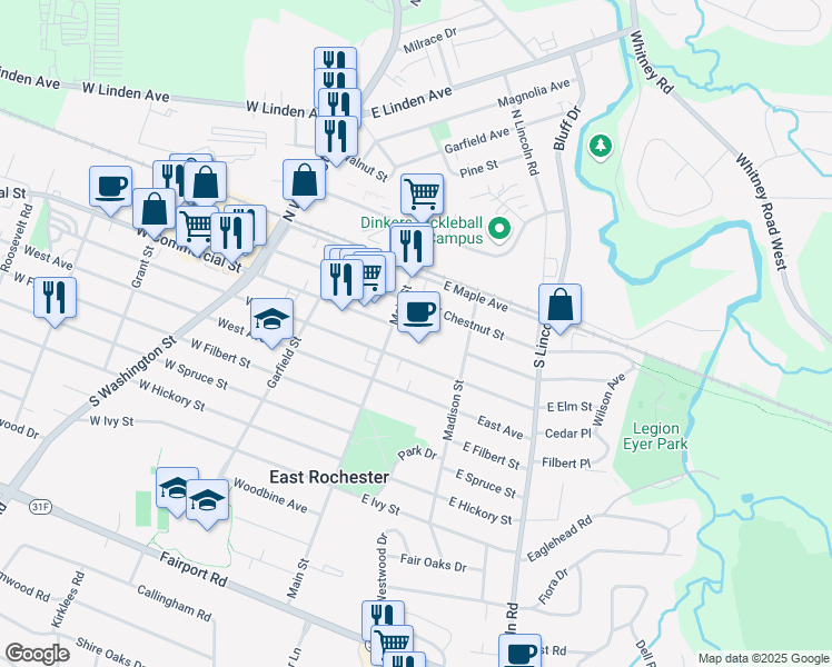 map of restaurants, bars, coffee shops, grocery stores, and more near 120 East Commercial Street in East Rochester