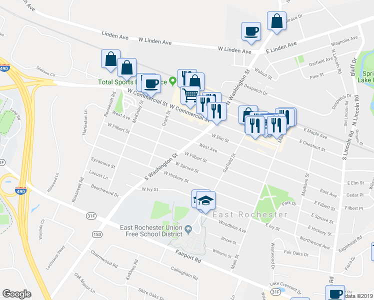 map of restaurants, bars, coffee shops, grocery stores, and more near 503 South Washington Street in East Rochester