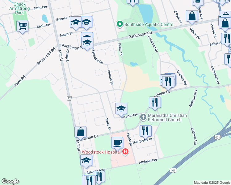 map of restaurants, bars, coffee shops, grocery stores, and more near 80 Prince Edward Road in Woodstock