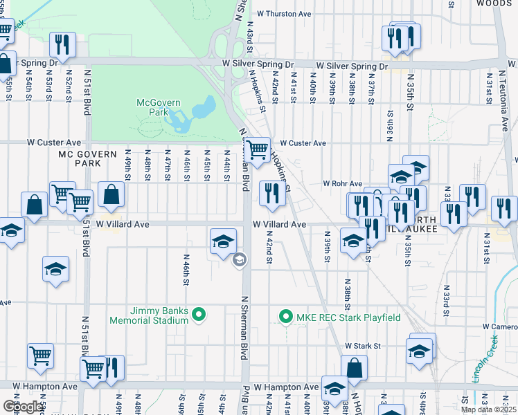 map of restaurants, bars, coffee shops, grocery stores, and more near 5250 North Sherman Boulevard in Milwaukee