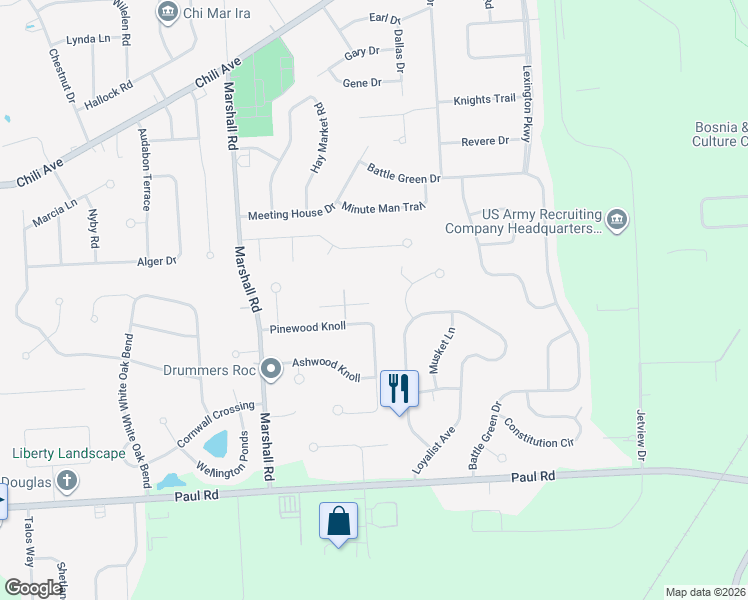 map of restaurants, bars, coffee shops, grocery stores, and more near 4 Heather Trail in Rochester