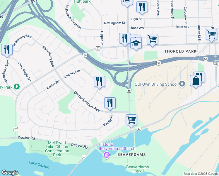 map of restaurants, bars, coffee shops, grocery stores, and more near Natalie Court in Thorold