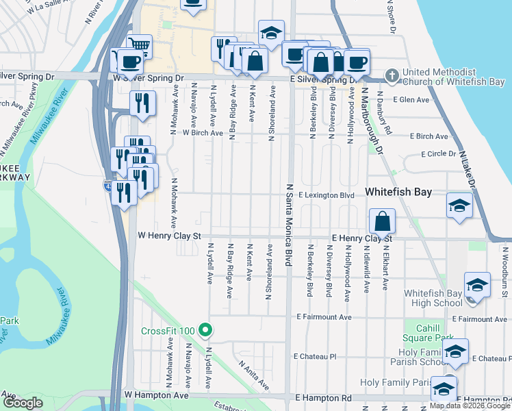 map of restaurants, bars, coffee shops, grocery stores, and more near 5276 North Kent Avenue in Whitefish Bay
