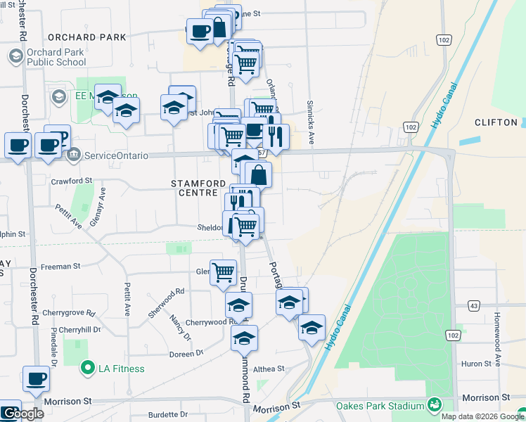 map of restaurants, bars, coffee shops, grocery stores, and more near 4186 Portage Road in Niagara Falls