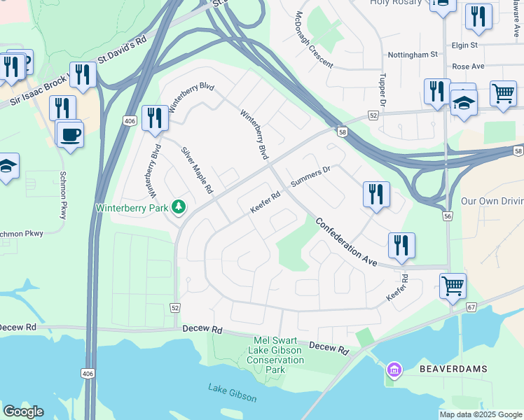 map of restaurants, bars, coffee shops, grocery stores, and more near 19 Keefer Road in Thorold