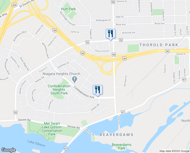 map of restaurants, bars, coffee shops, grocery stores, and more near 19 Natalie Court in Thorold