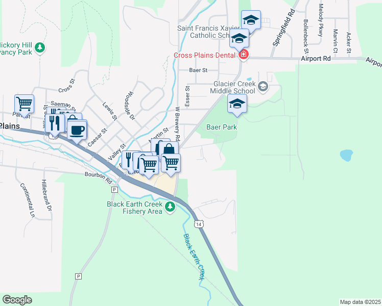 map of restaurants, bars, coffee shops, grocery stores, and more near 2610 Military Road in Cross Plains