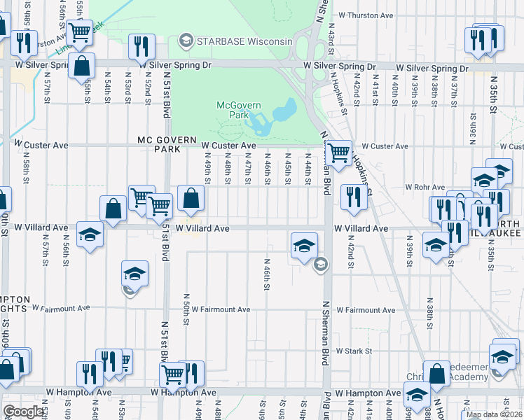 map of restaurants, bars, coffee shops, grocery stores, and more near 5243 North 46th Street in Milwaukee